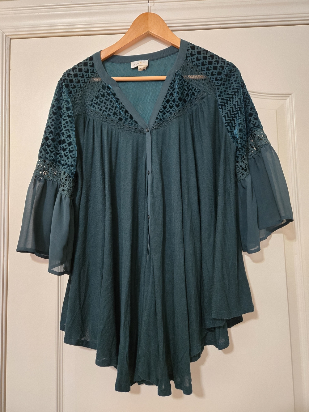Meadow Rue Deep Hunter Green Crochet-Yoke Button Front Blouse Drapey